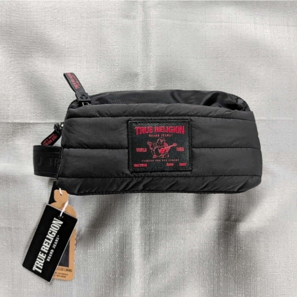 True Religion World Tour Puffer Toiletry Bag with Bonus Clear Travel Bottles